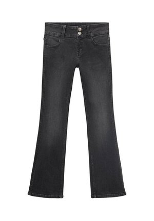 Black flared jeans made of denim, featuring a mid-rise waist, two front pockets, and a button closure with two metallic buttons at the top.