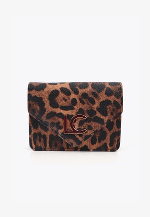 Leopard print wallet in textured brown and black material, featuring a metallic "LC" logo on the front and a flap closure design.