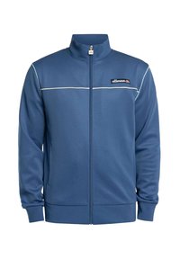 Blaues Zip-up-Sportjacke aus glattem Stoff, mit hohem Kragen, weißen Akzentstreifen und einem Logo auf der linken Brust.