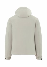Lichtgrijze hoodie met lange mouwen, elastische manchetten met verstelbare bandjes, van achteren getoond op een witte achtergrond.