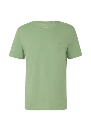 Lihtne helesinine lühikeste varrukatega puuvillane T-särk ümar kaelusega ning väikese brodeeritud brändilogo vasakul rinnal.