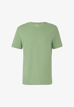 Lihtne helesinine lühikeste varrukatega puuvillane T-särk ümar kaelusega ning väikese brodeeritud brändilogo vasakul rinnal.