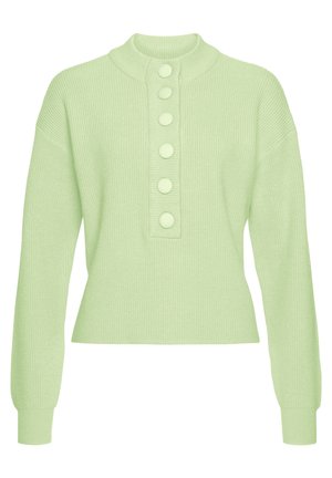 Pull en maille côtelée vert clair à manches longues, col montant court et rangée verticale de six boutons recouverts de tissu à l'avant.