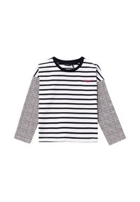 Langarm T-shirt met een zwart-wit gestreept lichaam en één mouw met dierenprint. Heeft een ronde hals en geborduurde details.