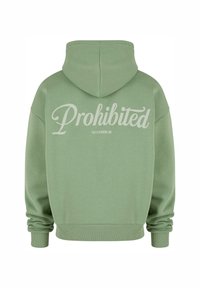 Sweatshirt vert menthe avec un capuchon à cordon, des poignets et un ourlet côtelés. L'arrière présente le texte "Interdit 10119 BERLIN" en grandes lettres blanches.