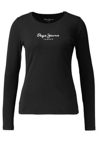 Schwarzes Langarm-T-Shirt aus Baumwolle mit V-Ausschnitt und dem weißen "Pepe Jeans London"-Logo auf der Brust. Weiche Textur.