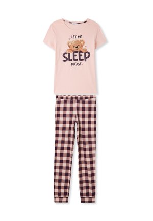 Completo pigiama in cotone composto da una maglietta rosa a maniche corte con grafica di orso e testo, e pantaloni a quadri nei toni del viola e del beige.