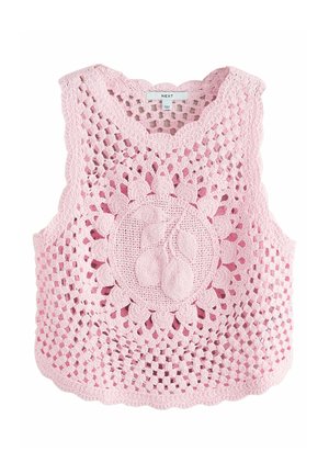 Rosa gehäkeltes ärmelloses Oberteil mit offenem Strickmuster und einem zentralen runden Design mit gestrickten Kirschen.