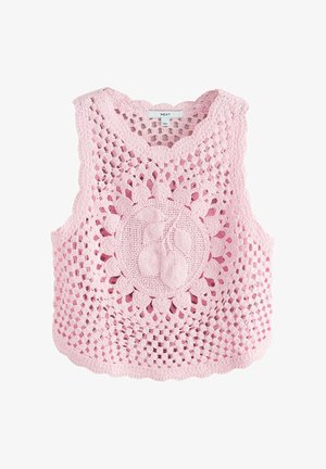 Rozā tamborēts bezrūtaina krekls ar atvērtu aušanas rakstu un centrālu apaļu dizainu ar adītām ķiršu ogām.