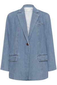 Light blue denim blazer with a notched collar, single brown button closure, two front pockets, and a single chest pocket. Relaxed fit.