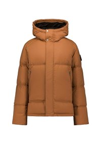 Giacca imbottita marrone con cappuccio, dotata di zip frontale, bottoni a pressione, tasche laterali con zip e superficie testurizzata. Fodera nera visibile all'interno.