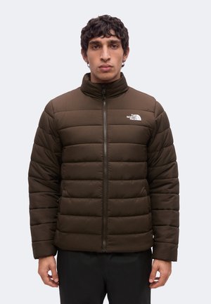 Muž s krátkymi tmavými kučeravými vlasmi, oblečený v hnedej prešívanej bunde North Face na zips, na jednoduchom svetlom pozadí.