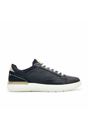 Sneakers in pelle blu e rete con suola bianca, dettagli beige, sei occhielli e cuciture a contrasto lungo il lato. Design con punta arrotondata.