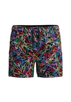 Zwarte zwembroek met kleurrijke neon zigzag lijnpatronen en een zwart trekkoord aan de elastische tailleband.