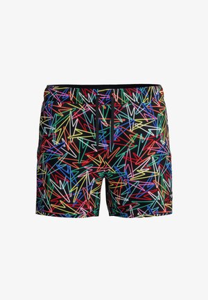 Short de bain noir avec des motifs de lignes zigzag néon colorées et un cordon noir à la taille élastique.