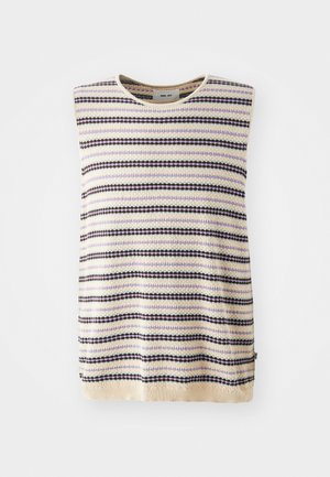 Knit sleeveless top in cream with alternating horizontal stripes of purple, black, and light blue; round neckline and textured fabric.