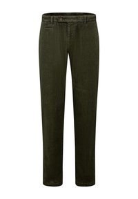 Mörkgröna kordbyxor med rak passform, med knäppning, bälteshällor och framfickor. Slät textur med vertikala ribbor.