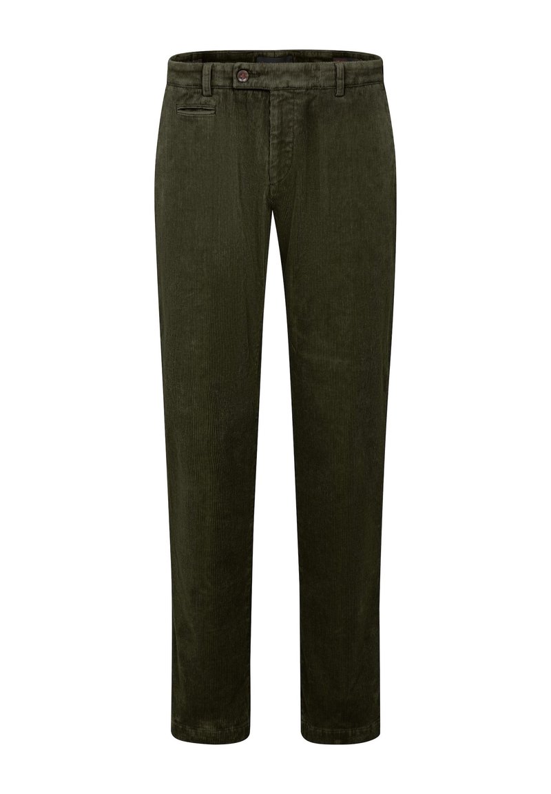 Mörkgröna kordbyxor med rak passform, med knäppning, bälteshällor och framfickor. Slät textur med vertikala ribbor.