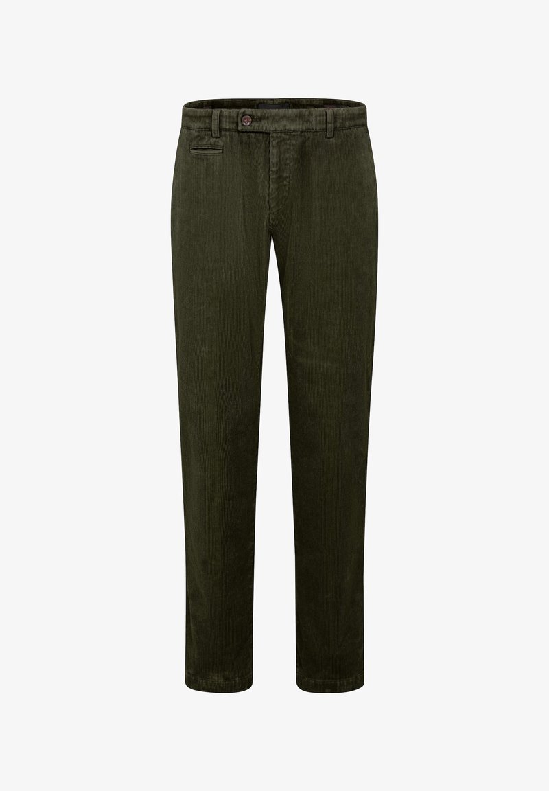 Mörkgröna kordbyxor med rak passform, med knäppning, bälteshällor och framfickor. Slät textur med vertikala ribbor.