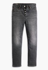 Tmavě šedé džíny z denimu se straight fit, pěti kapsami, viditelným prošíváním a zapínáním na knoflíky. Na stehnech jsou mírně vybledlé.