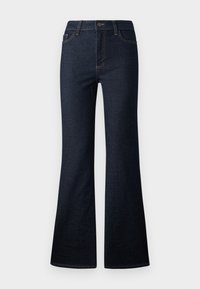 Dark wash flared jeans feature a high waist, front pockets, and contrast stitching. The fabric has a smooth, slightly textured finish.
