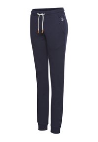 Navy blue sweatpants made from soft fabric, featuring a drawstring with wooden tips, side pockets, and a small anchor logo.