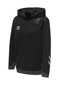 Sort hættetrøje med lange ærmer med prikket mønster på skuldrene, grå manchetter og kant samt hvidt logo på venstre bryst og ærme.