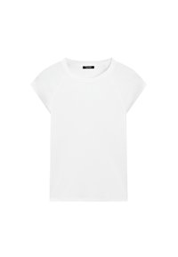 T-shirt blanc à manches courtes en coton doux, avec un col rond et des manches raglan, présentant une coupe droite et décontractée sans motifs.