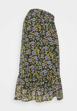 Jupe noire avec taille élastique, ornée d'un petit motif de fleurs jaunes et lavande et d'un ourlet volanté.