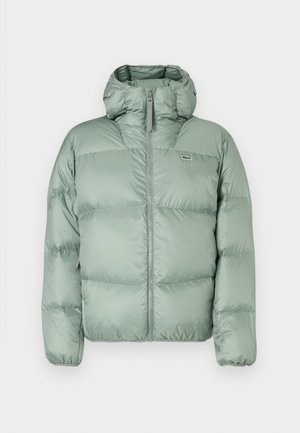 Casaco puffer verde com capuz, apresentando um fecho de correr frontal, secções acolchoadas e uma marcação subtil. Feito de um material liso e brilhante.