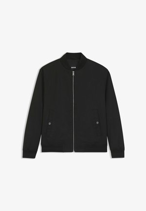 Black zip-up bomber jacket with ribbed collar, cuffs, and hem, two front buttoned pockets, and "BOSS" logo inside the collar.