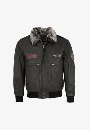 Schwarze Lederbomberjacke mit einem grauen Fellkragen, ausgestattet mit zwei Fronttaschen, dekorativen Patches sowie gerippten Bündchen und Saum.