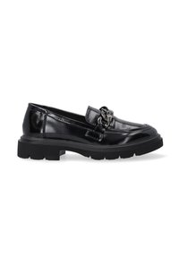 Schwarze Lederloafers mit einer massiven Sohle, die dekorative Hardware-Details und erhabene Nahtmuster entlang der Kante aufweisen.