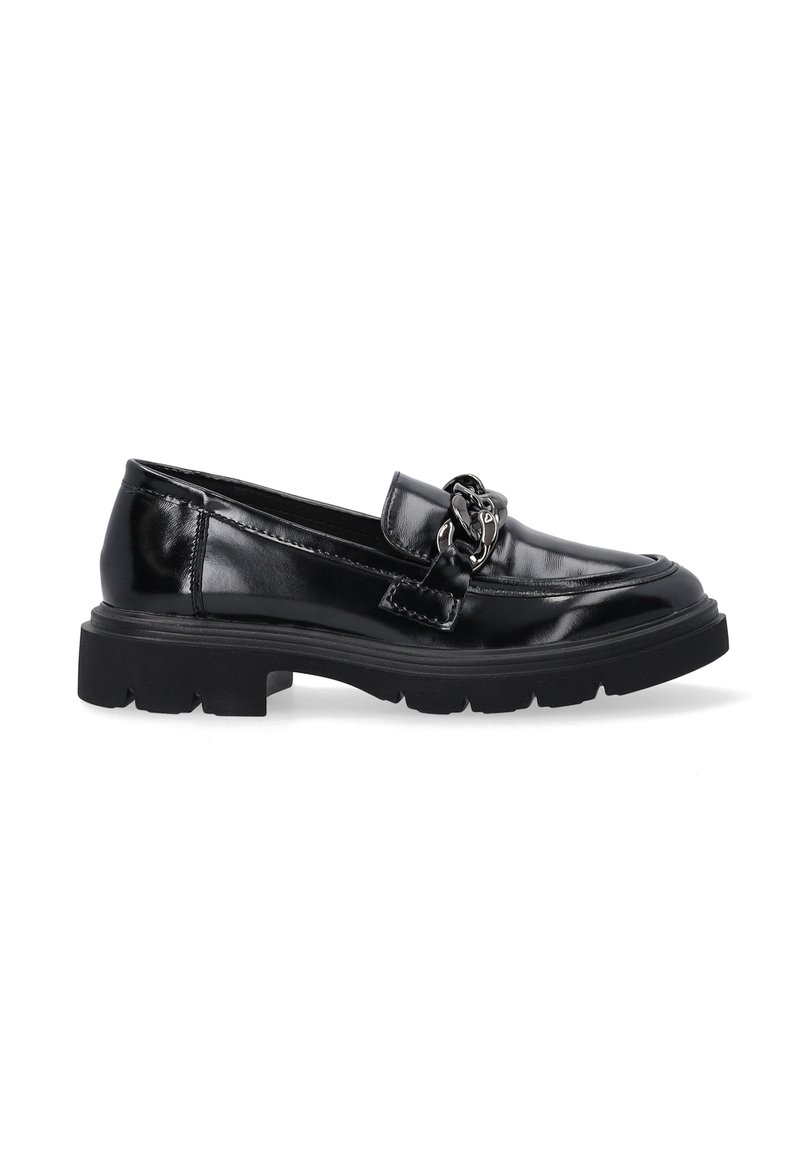 Schwarze Lederloafers mit einer massiven Sohle, die dekorative Hardware-Details und erhabene Nahtmuster entlang der Kante aufweisen.
