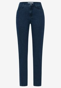Mörkblå denimjeans med slim fit, med fem fickor, klassisk knäppning och en mjuk textur.