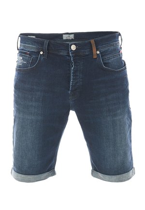 Donkere blauwe denim shorts met een omgeslagen zoom, vijf zakken en een leren accent op de tailleband. Soepele textuur, casual ontwerp.