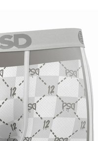 Gray boxer briefs featuring a patterned design with checkerboard style, various numbers, and the letters "PSD" in a repeating motif.