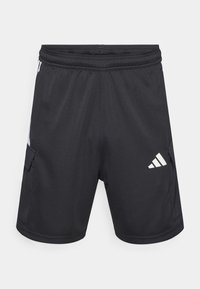 Black athletic shorts made from lightweight fabric, featuring two side pockets, elastic waistband, and a white Adidas logo on the lower right.