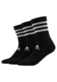 Schwarze Crew-Socken mit drei weißen Streifen am Bund und weißem Adidas-Logo. Strukturierte Rippung entlang des Bündchens und glatter Körper.