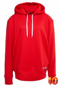 Rode hoodie met witte koordjes, lange mouwen, ribgebreide manchetten en zoom, en een klein logodetail nabij de onderkant rechterzijde.