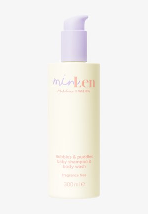 Flasche mit Babyshampoo und Duschgel mit Lavendel-Pumpe, beschriftet mit "minLen", duftfrei, 300 ml Inhalt, für Babys.