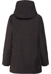 Schwarze wasserdichte Parka mit Kapuze, ausgestattet mit einer glatten Textur, langen Ärmeln und einem geraden Schnitt. Der Rücken hat eine subtile Naht und ein minimalistisches Design.