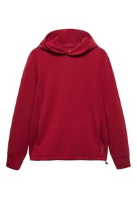 Červená mikina s kapucí z měkké tkaniny. Obsahuje velkou kapuci, dlouhé rukávy a boční kapsy. Jednoduchý design bez viditelných vzorů nebo akcentů.