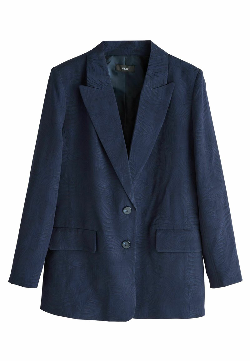 Blazer blu navy con una sottile texture a motivo foglia, design a un petto, due tasche frontali e rever a punta.