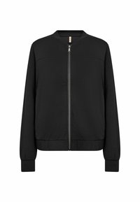 Black long-sleeve zip-up bomber jacket with ribbed cuffs, hem, and collar, displayed on a white background.