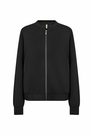 Black long-sleeve zip-up bomber jacket with ribbed cuffs, hem, and collar, displayed on a white background.
