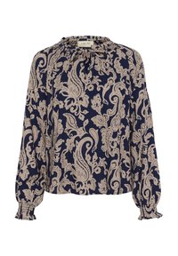 Blouse marine à manches longues, encolure froncée et motif cachemire beige. Tissu léger et texturé avec des poignets élastiques.