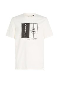 Hvid bomulds T-shirt med et kvadratisk grafisk print, der har sort tekst og et palmedesign. Kortærmet og i crew neck stil.