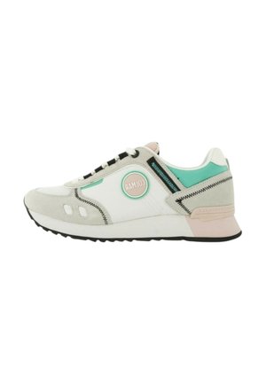 Sneaker bianca e grigia con lacci neri, accenti verde menta e rosa, e una toppa rotonda con il logo sul lato con la parola "COLMAR."