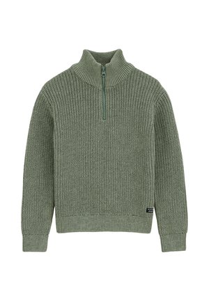 Grøn strikket pullover med lange ærmer og kort lynlåsåben høj krave, ribstrikkede manchetter og kant.